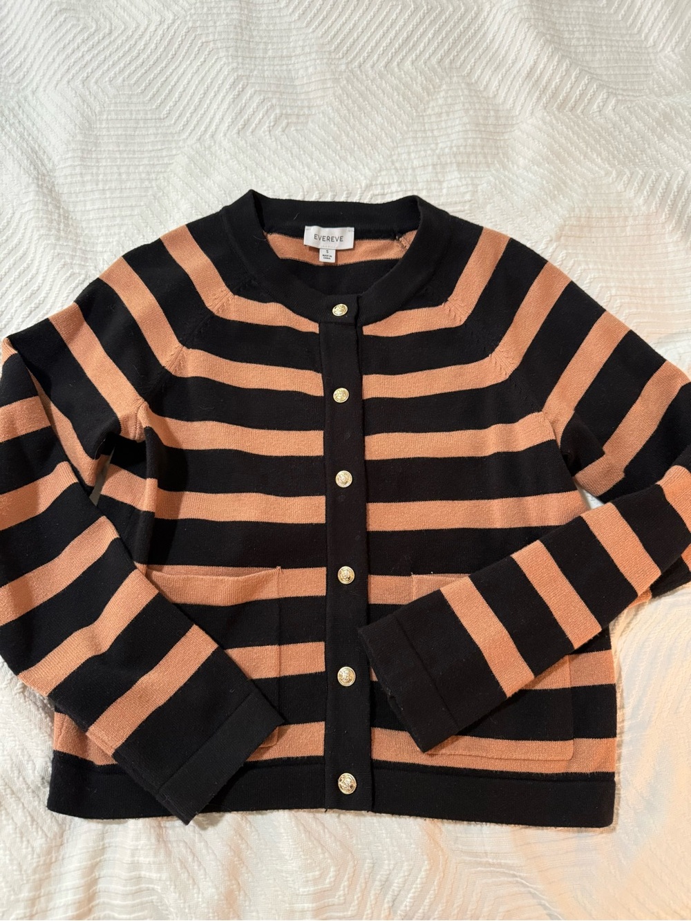 Evereve Black and Tan Striped Button-Front Cardigan